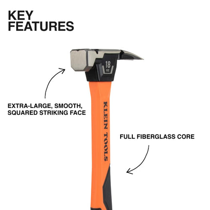 Klein Tools H80918 Smooth Face Fiberglass Hammer with Straight Claw, 18-Ounce Forged Steel, Magnetic Nail Starter, and Extra-Large Squared Strike Face