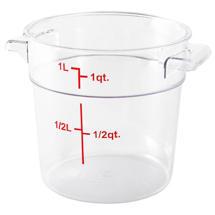Restaurantware-Met Lux 1 Quart Food Storage Container, 1 Round Commercial Storage Container - Lid Sold Separately, with Volume Markers, Clear Plastic Food Prep Bucket, Space-Saving Storage