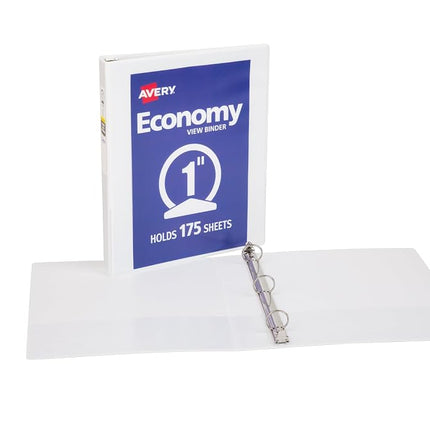 Avery Economy View 3 Ring Binders, 1" Round Rings, 12 White Binders (05711)