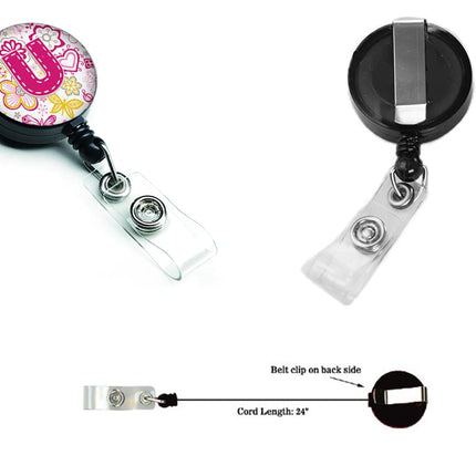 Caroline's Treasures CJ2005-UBR Letter U Flowers and Butterflies Pink Retractable Badge Reel, for Nurses ID Badge Holder with Clip Retractable Employee Badge Holder,