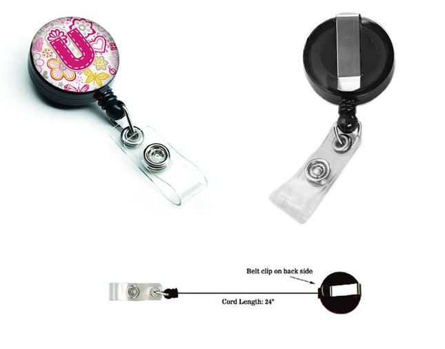 Caroline's Treasures CJ2005-UBR Letter U Flowers and Butterflies Pink Retractable Badge Reel, for Nurses ID Badge Holder with Clip Retractable Employee Badge Holder,