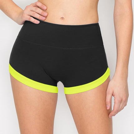 Pantalones cortos de yoga para mujer ALWAYS - Premium suave, elásticos, color liso, para animadoras, correr, bailar, voleibol, Sho2228 / Negro-amarillo neón, Extrachico