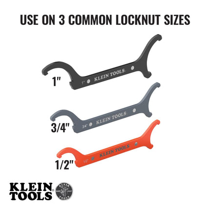 KLEIN TOOLS 50901R Conduit Locknut Wrench Set, 1/2, 3/4 and 1-Inch, Straight Compact Alloy Steel Design Tightens and Loosens Locknuts in Tight Spaces, 3-Piece