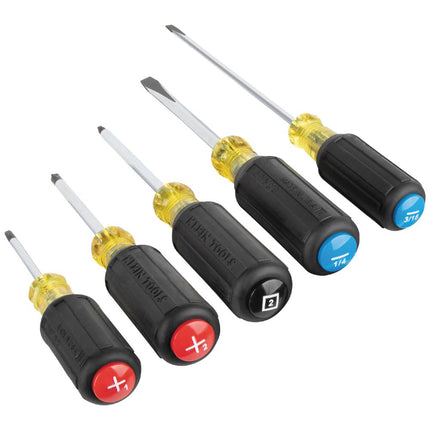 Klein Tools 80031C 5-Piece Color-Coded Screwdriver Set with Precision Tips and Cushion Grip Handles, Made in USA, 2 Slotted, 2 Phillips, 1 Square
