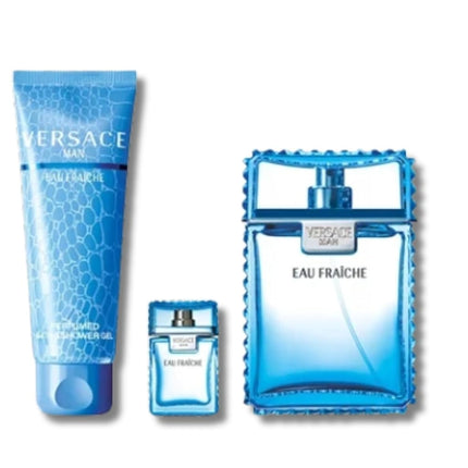 Versace Man Eau Fraiche by Versace for Men - 3 Pc Gift Set 3.4oz EDT Spray, 0.17oz EDT Spray (Mini), 5oz Bath and Shower Gel