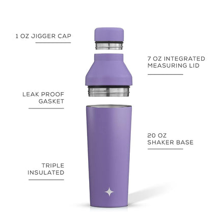 JoyJolt Triple Insulated Cocktail/Protein Shaker Bottle. 20oz Shaker Cup with Alcohol Measure Lid and Jigger Cap. 12hr Ice Cold Bottle for Protein Mixes, Shake or Smoothie, Metal Mixer