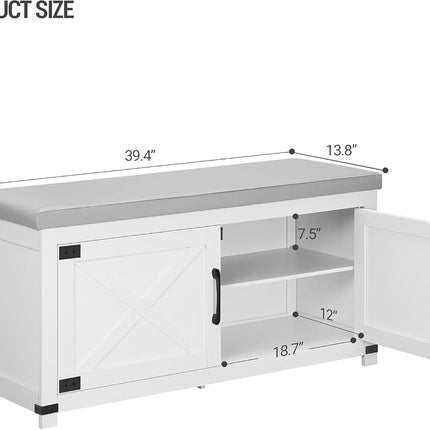 Hzuaneri Shoe Storage Bench, Soft Padded Seat Cushion & 2 Barn Doors White