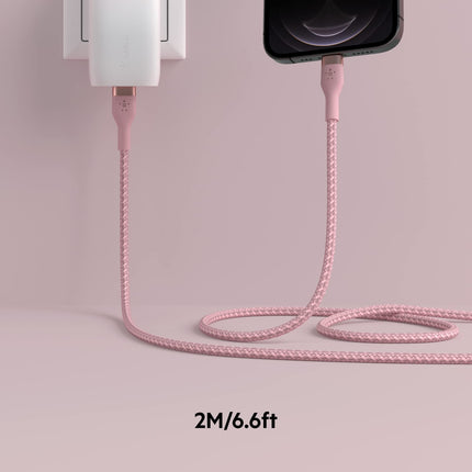 Belkin BoostCharge Pro Flex Braided USB Type C to Lightning Cable (2M/6.6ft), MFi Certified 20W Fast Charging PD Power Delivery for iPhone 14/14 Plus, 13, 12, Pro, Max, Mini, SE, iPad and More - Pink