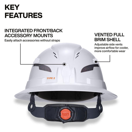 Klein Tools 60407T2RL Type 2 Hard Hat, Vented Full Brim, Class C Hard Hat with Chin Strap, 6-Point Suspension with Accessory Mounts, Washable Padding, and Rechargeable Headlamp