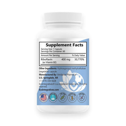 EcoIntegratives B2-400 Pure Riboflavin - Nervous System Health, Homocysteine Detox, Cardiovascular, Helps Boost Energy, Mental Clarity, Metabolism and Cell Function (60, Unflavored)