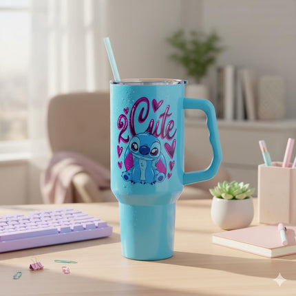 Vaso de acero inoxidable Silver Buffalo Lilo & Stitch Airbrush 2 Cute de 40 oz con asa