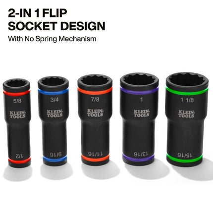 Klein Tools 66055 2-in-1 Flip Socket Set, Color-Coded, 12-Point, Includes 4 Adapters, 3/8-Inch and 1/2-Inch Drive