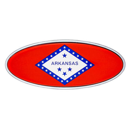 United Pacific 10973 Die-Cast Metal 7 ⅞” x 3 ¼” Chrome Oval Shape Emblem for Peterbilt, Mounting Stud w/Double-Sided Backing – ONE Emblem – Arkansas Flag