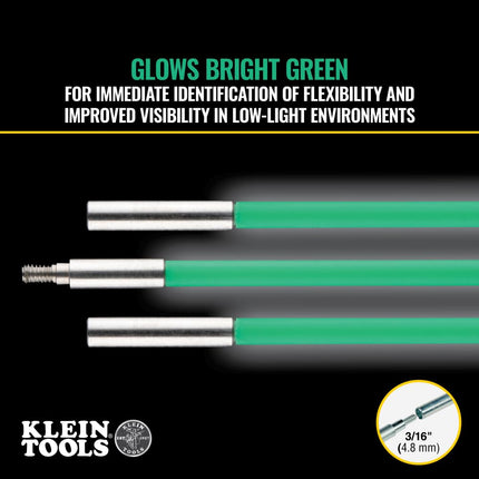 Klein Tools 50159 15-Foot Hi-Flex Glow Fish Rod Set, (3) 5/32-Inch Fiberglass, Adapter, Bullet Nose, Attachments, Splinter Guard Coating