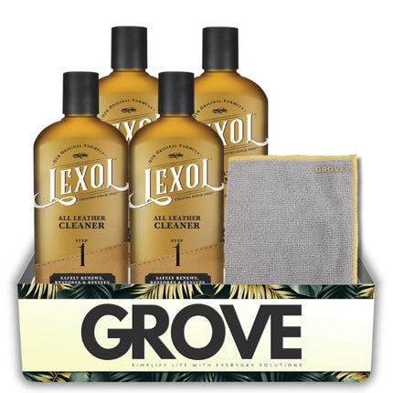 4X Lexol Step 1 Car Leather Cleaner and Conditioner 16.9 oz Liquid Bundle with Microfiber Towel – pH-Balanced Formula Safely Cleans and Prepares Leather for Conditioning – Gift Set (5 Items)