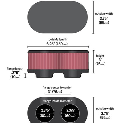 K&N Universal Clamp-On Air Filter: High Performance, Premium, Washable, Replacement Engine Filter: Flange Diameter: 2.375 In, Filter Height: 3 In, Flange Length: 0.375 In, Shape: Oval, RU-2922