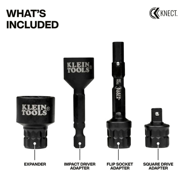 Klein Tools 65KADPS KNECT (S) Impact Socket Adapter Set, 4 Adapters for Ratchets, Impact Drivers and Flip Sockets, Fits 1/4-Inch Drive Tools, Compatible with KNECT (M) System