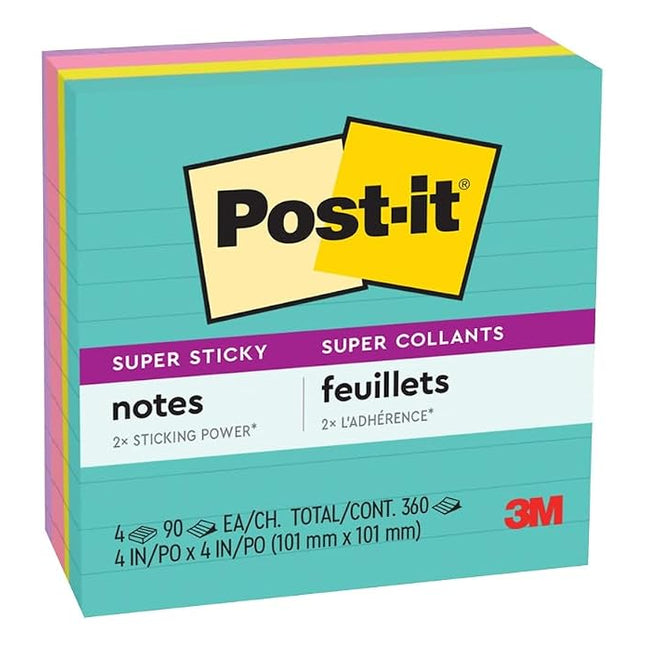Post-it Super Sticky Notes, 4x4 in, 4 Pads, 2X The Sticking Power, Supernova Neons, Bright Colors, Recyclable (675-4SSMIA)