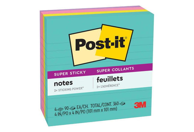 Post-it Super Sticky Notes, 4x4 in, 4 Pads, 2X The