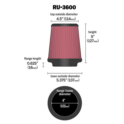 K&N Universal Clamp-On Air Filter: High Performance, Premium, Washable, Replacement Filter: Flange Diameter: 4 In, Filter Height: 5 In, Flange Length: 0.625 In, Shape: Round Tapered, RU-3600