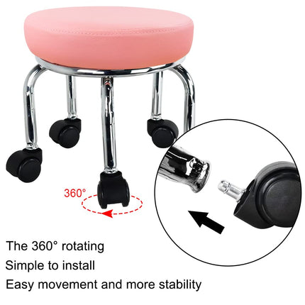 WKWKER Modern Roller Seat PU Leather Low Round Rolling Stool 360 Swivel Small Stool with Universal Caster Wheels for Home Office Garage Shop Fitness Sport H:12.4" (Pink)
