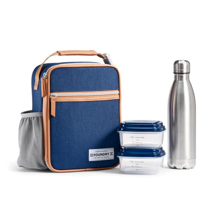 Fit & Fresh Foundry Insulated Lunch Bag for Men/Women/Kids with Bottle and Containers Included, Reusable Lunch Box for School, Work, Blue