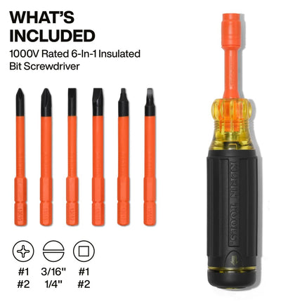 Klein Tools 32306INS 6-in-1 Insulated Multi-Bit Screwdriver, Multi-Bit Driver with Auto-Locking Collar, 1000V Rated, in-Handle Bit Storage