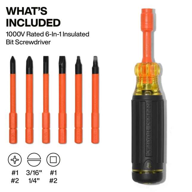 Klein Tools 32306INS 6-in-1 Insulated Multi-Bit Screwdriver, Multi-Bit Driver with Auto-Locking Collar, 1000V Rated, in-Handle Bit Storage