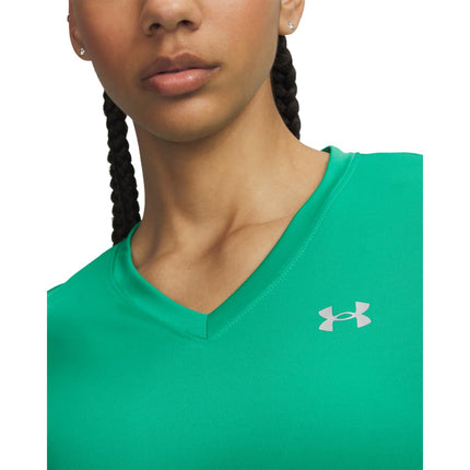 Under Armour Womens Velocity Solid Short Sleeve V Neck T Shirt, (340) Tidal Green / / Metallic Silver, S