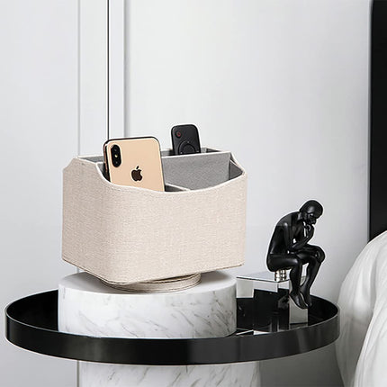 UnionBasic Rotating Desk Organizer, 360 Degree Desk Spinning Caddy, Desktop TV Guide/Mail/Media/Remote Controller Holder Organizer (Linen Texture Leather Beige)