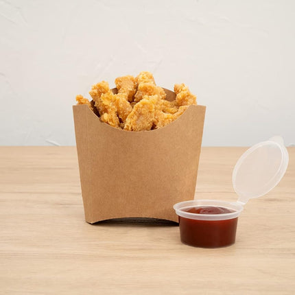 Bio Tek 4.5 x 3.2 x 3.9 Inch French Fry Cup, 100 Disposable Snack Cups - Stackable, Sustainable, Kraft Paper 3 Ounce Fry Holder, for Fries, Onion Rings, Popcorn, or Cookies - Restaurantware