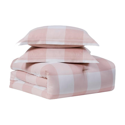Parure de lit 7 pièces avec couette de couleur unie toutes saisons, couverture douce en duvet alternatif et draps de lit luxueux en microfibre, King size, Blush à carreaux