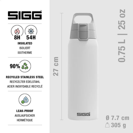 SIGG - Insulated Water Bottle - Shield Therm One White - Suitable for Carbonated Beverages - Leakproof - Dishwasher Safe - BPA Free - 90% Recycled Stainless Steel - White - 0.75L