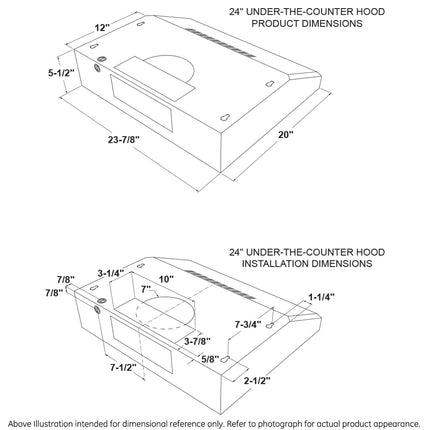 GE 24in. Under Cabinet Range Hood, convertible Duct, 2 Speed Exhaust Fan, Front Control and Reusable Filter, White