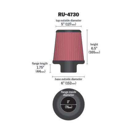 K&N Universal Clamp-On Air Filter: High Performance, Premium, Washable, Replacement Filter: Flange Diameter: 3 In, Filter Height: 6.5 In, Flange Length: 1.75 In, Shape: Round Tapered, RU-4730