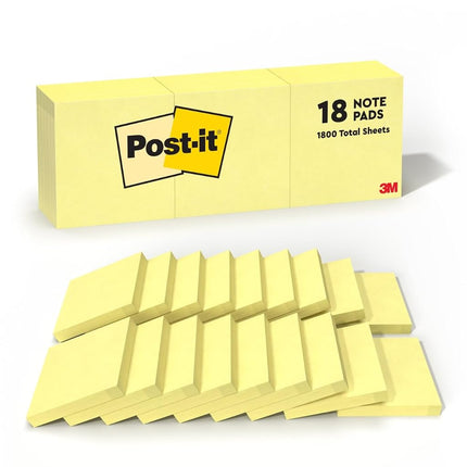 Post-it Notes, 3 in x 3 in, 18 Sticky Notes Pads, 100 Sheets per Pad, The Iconic Canary Yellow Note, Back to School Supplies and Oﬃce Products