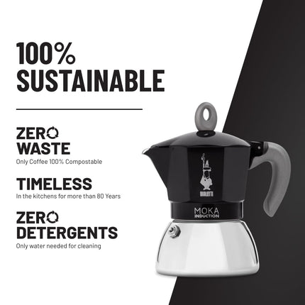 Bialetti - Moka Induction Coffee Maker, Suitable for all types of hobs, 2 Espresso Cups (100 Ml), Black