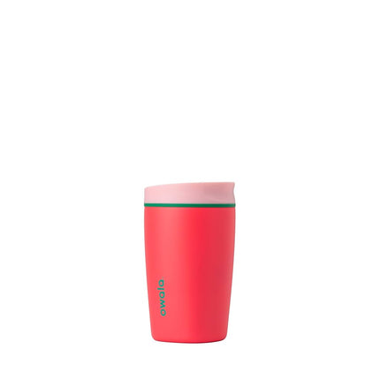 Owala SmoothSip Slider Insulated Stainless Steel Coffee Tumbler, Reusable Iced Coffee Cup, Hot Coffee Travel Mug, BPA Free 12 oz, Pink/Red (Strawberry Fields)