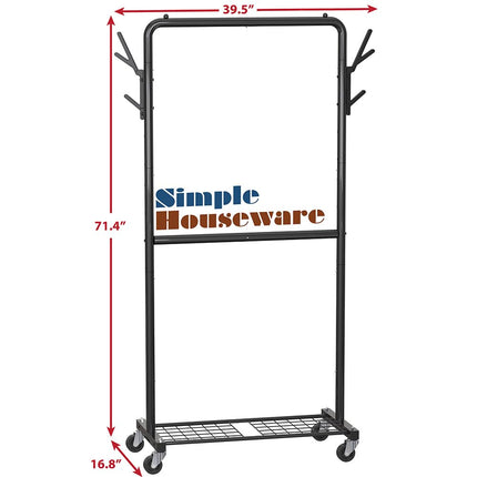 Simple Houseware 100-cm Double Rod Clothes Rack with Wheels, Hooks & Shelf