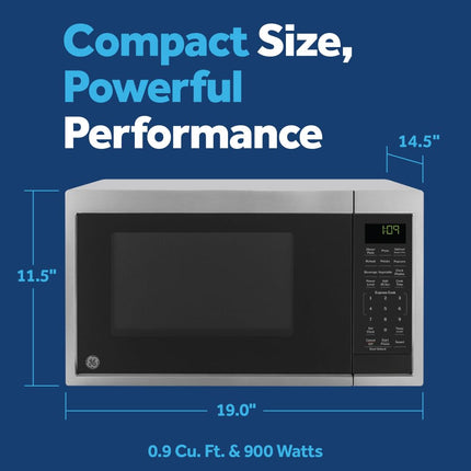 Microondas GE GCST09N1WSS, 900 vatios, 7 ajustes de cocción automáticos, utensilios de cocina para encimera, dormitorio o apartamento, tecnología de bloqueo para niños de 0.9 pies cúbicos, acero
