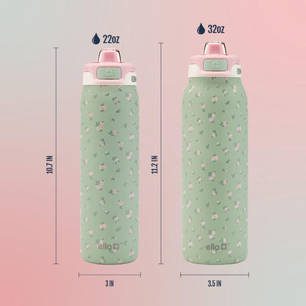 Ello Pop & Fill 32oz Stainless Steel Water Bottle with QuickFill Technology, Double Walled and Vacuum Insulated Metal, Leak Proof Locking Lid, Straw and Chug, Reusable, BPA Free, Full Bloom