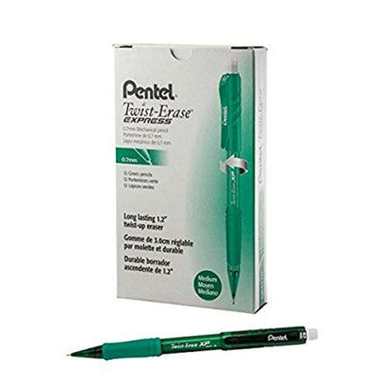 Pentel Twist-Erase EXPRESS Mechanical Pencil (0.7mm) Green Barrel , 12 pack (QE417D)