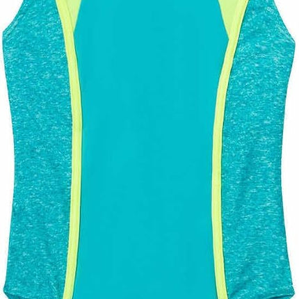 Traje de baño de una pieza Speedo Racerback Sport Splice para niña (EE. UU., Alfa, Mediano, Regular, Azul mar turquesa/Verde neón claro)
