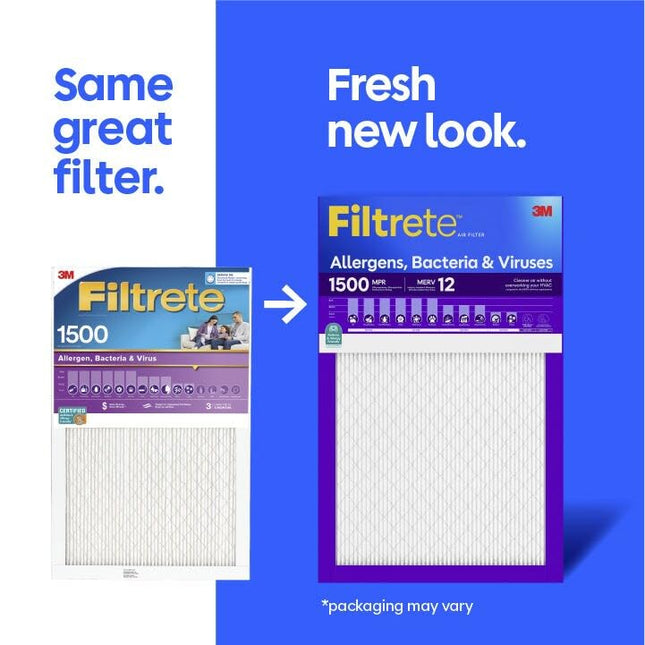 Filtrete 14x25x1 AC Furnace Air Filter, MERV 12, MPR 1500, CERTIFIED asthma & allergy friendly, 3 Month Pleated 1-Inch Electrostatic Air Cleaning Filter, 2-Pack (Actual Size 13.81x24.81x0.78 in)