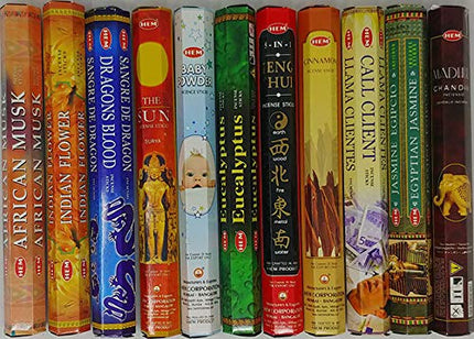 Hem Incense -12 Box Best Variety Pack 20 Sticks Each - 240 Sticks - 240g - Chandan, Coconut, Dragon's Blood, Sandalwood, Lotus, Red Rose, Lavender, Lilac, Amber, Patcouli, Frankincense-Myrrh, Sage