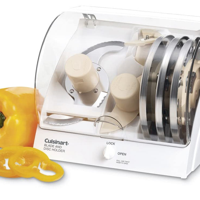 Cuisinart White Plastic Food Slicer Accessory, Round Stainless Steel Blade, 7 Inches, Holds Blade, Disc Stem, and Cutting Discs, Tamper-Resistant Safety Lid, 7 x 7 x 8.75 Inches