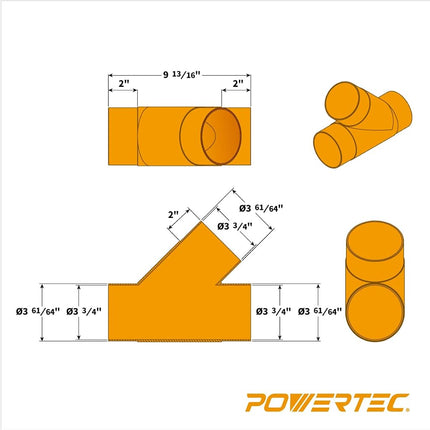 POWERTEC 70106 70106V 4-Inch Y-Fitting Dust Collection Hose Connector-1 Pack, Black, 4 Inch