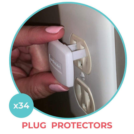 Toddleroo by North States - Childproofing Deluxe Kit: 4 Knob Covers, 4 Sliding Cabinet Locks, 4 Gel Corner Protectors, 1 Door Pinch Guard, 18 Drawer Locks, 34 Plug Protectors - 65 Piece Set - White
