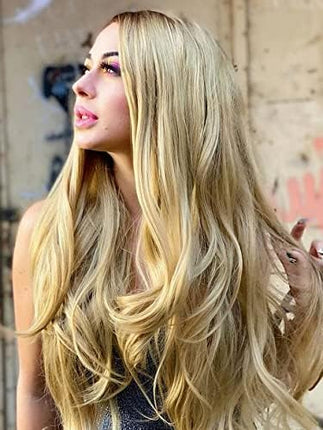 Xiweiya Long Natural Wave Ombre Brown Blonde Synthetic Lace Front Wigs Side Part Heat Resistant Fiber Hair Wigs For Women Replacement Everyday Wigs