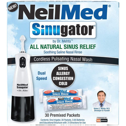 Irrigateur nasal pulsatile sans fil NeilMed Sinugator (double vitesse) avec 30 sachets prémélangés et 3 piles AA - Noir